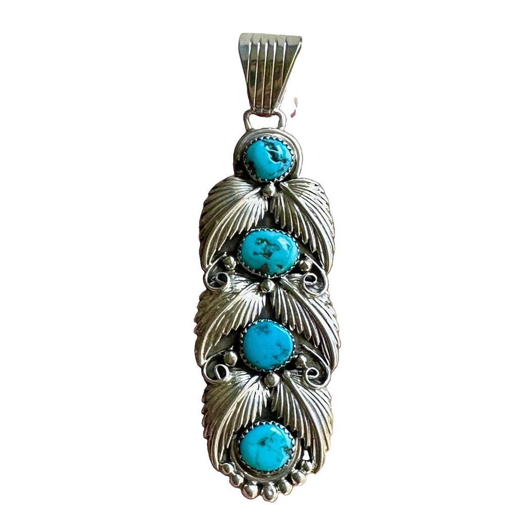 Vintage Running Bear RB Navajo Pendant 3.5 Inch Turquoise 925 Sterling 19.6g NOS